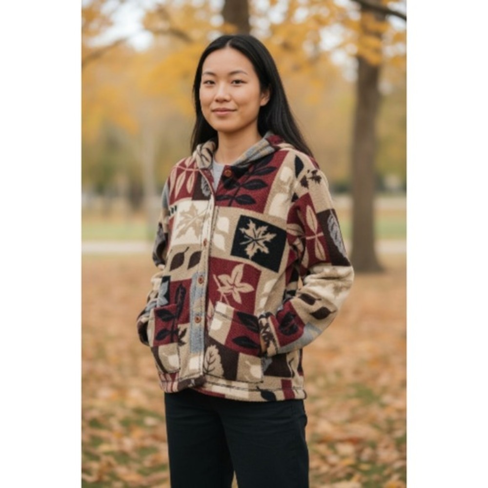 Parisian Works Petite Fleece Jacket With Leaf Pattern Long‎ Sleeve Size Large